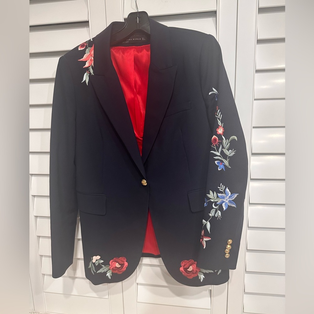 Zara Black Blazer with Red Floral Embroidery and Red Lining